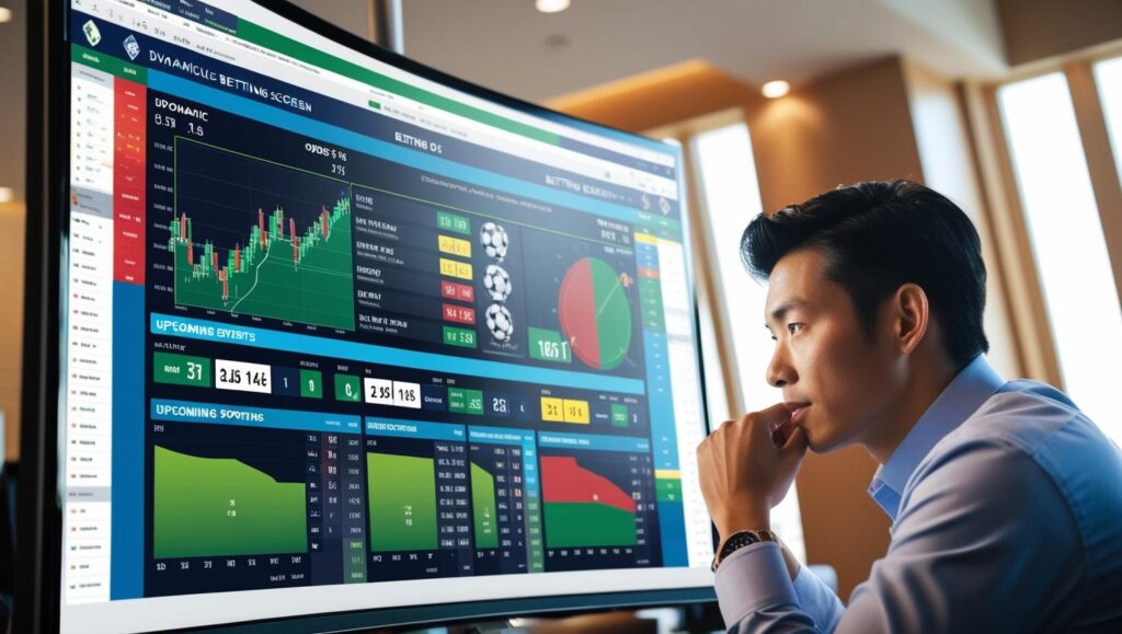 Um apostador olhando para uma tela de apostas com gráficos de odds, eventos esportivos e análises visíveis, transmitindo a ideia de planejamento.