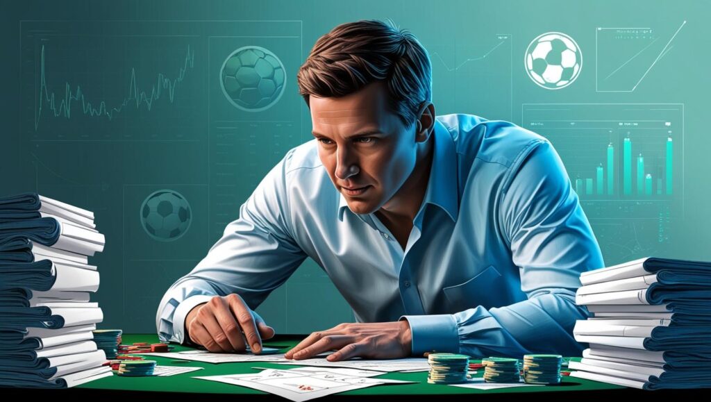 Uma ilustração mostrando um apostador com gráficos, estatísticas e símbolos de esportes ao fundo, simbolizando estratégia e análise.