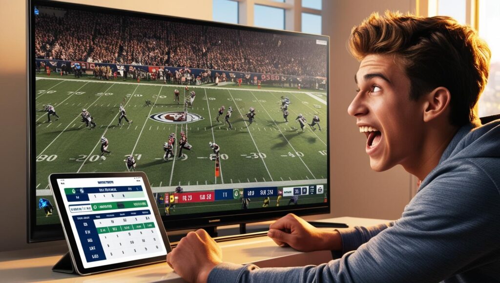 Uma pessoa assistindo a um jogo de futebol em uma TV ou dispositivo móvel, com uma interface de apostas ao vivo aberta ao lado. A imagem deve transmitir emoção e foco.